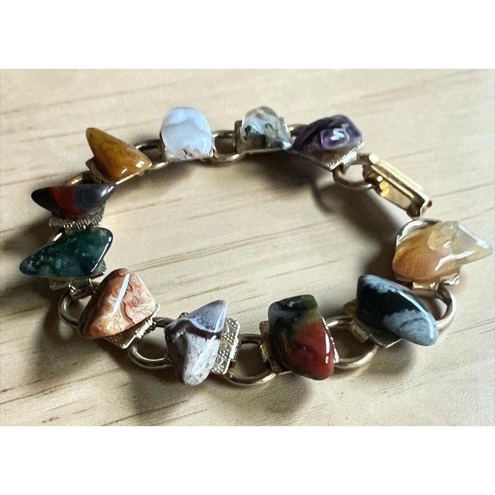 Vintage Semi Precious Natural Polished Tumbled Stones Link Bracelet